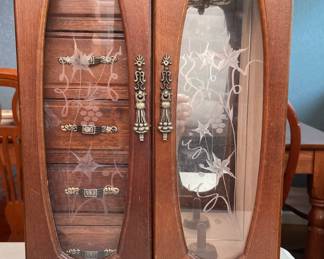 1960s 70s Glass Front Double Door Armoire. Interior Cabinet has a Necklace Carousel and 5 Storage Drawers.. (11”W x 6.5”D c 15”D)