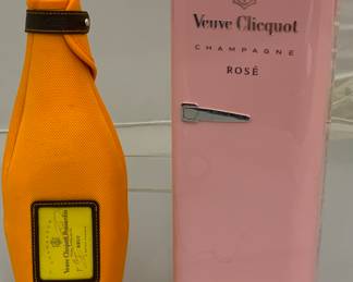 Veuve Clicquot Popsardin Orange Brut Champagne Jacket Koozie and a Veuve Cliequet Rose Champagne Pink Refrigerator Cooler