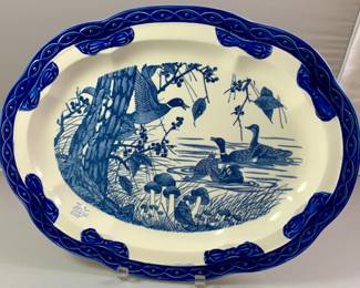 Vintage Blue & White Transferware Platter featuring a duck and geese design (18 X14)