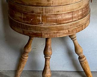 Vinyage Shaker Firkin Bucket Style Demi-Lune Sewing Box on Tripod Legs with Bail Type Handle(1950-60’s)