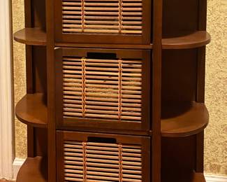 Mahogany Cabinet with 3 Rattan Front Drawers Flanked by 3 Curved Shelves.