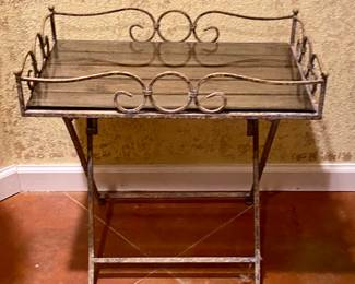 Vintage French Style Metal Scowl Tray Table w/ Gallery Top and Smoke Glass Over Woodgrain Tile Planks (21 1/4”W x 13 1/4’D x 21”H @ top of Railing) (2 ea)