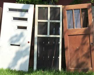 Vintage Exterior Doors: Mid Century White Door with 3 Graduated Horizontal Panels and Mall Slot, 1930-40’s Multi Panel Screen Door, Wood 1930’s Exterior Door with 3 Rectangular Vertical Panes