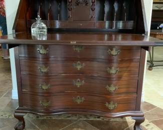 Open View Vintage Mahogany Chippendale Style Serpentine Front 4-Drawer Slant Top Secretary Desk Raised on Claw Feet(42”x 20”x 36”)