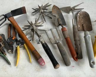 Various Garden Tools: Pruners, Tillers, Spades, etc