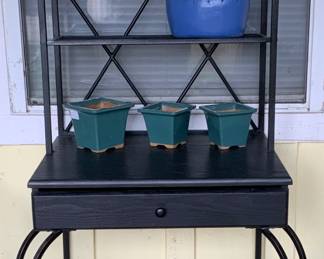 Black Metal Bakers Rack/Potting Desk. 2 Shelves above A Desk with Drawer on Metal Cabriole Style Legs with Wire Shelf (26”W x 18”D x 64”H)