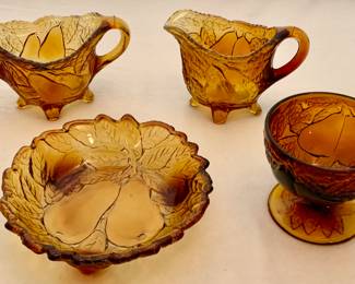 Tiara “Sweet Pear”. Burnt Honey 1970’s Glassware: Creamer & Sugar Bowl, Tri-Toed 6” Bowl and Sherbet/Dessert