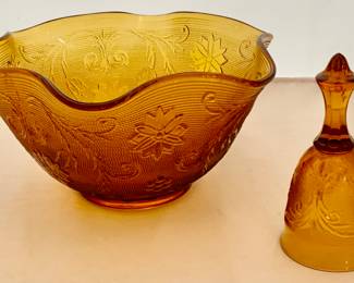Tiara Amber Sandwich Glass Pattern Ruffled Edge Bowl and Bell (c.1970’s)