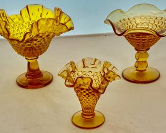 Fenton Hobnail Ruffled Edge Amber Glass Compote and Footed Vase and Viking Yesteryear 5" Crimped Amber Glass Compote Dish