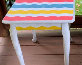 Hand Painted Vintage Side Table on Queen Anne Legs. Junk Gypsy Pink, Blue, Yellow on White Paint.