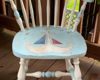 Vintage Hand Painted Comb Back Windsor Chair. Hand Painted Novelty Anchor Sail Boat