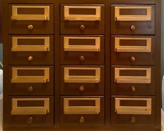 Vintage Library Card Catalogue 12mDrawer Cabinet with Brass Name Plates (17” H x 20”W x 17”D)