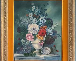 Original Floral Still Life on Canvas (24” x 30”) Signed by Artist Fae McDinty Framed in a 1970’s Vintage 6.5” Wood Frame including a 2.5” Gold Velvet Mat Liner with a Gold Leaf Casing. (30” x 36”) Overall
