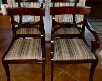 Regency Style Early 20th Century Mahogany Dining Chairs- Set of 4. Including a Scrolled Arm Chair and 3 Side Chairs