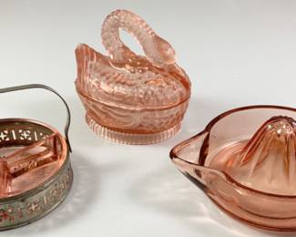 1930s Vintage Pink Depression Glass Divided Tray With Metal Handle Relish Dish, Pink Glass Nesting Swan Covered Dish & Pink Depression Glass Reamer/Juicer
