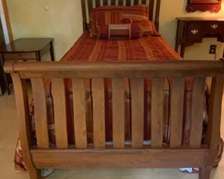 Mission Style Twin Sleigh Bed shown with Burgundy Standard Comforter, Sham and 3 Accent Pillows