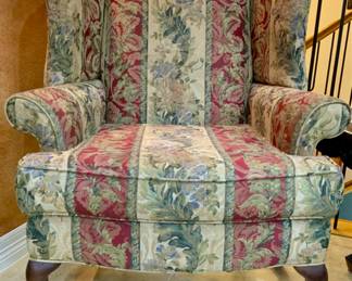 Queen Anne Wing Back Arm Chair in Floral Stripe Upholstery Fabric