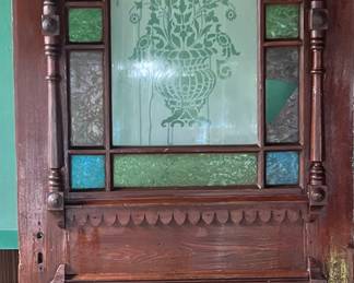 Antique Hardwood Exterior Door with Etched and Leaded Stain Glass Window Panel