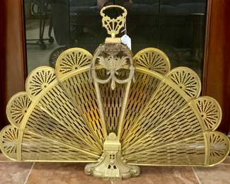 Vintage Brass Peacock Folding Fan Style Fireplace Screen