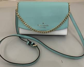 Kate Spade Carson Convertible Crossbody bag.
It features a colorblock design in aqua and white. With a chain and leather strap,
approximately 6.87" H x 9.12" W x 2.56" D.