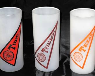 Vintage Mid-Century Frosted 15 oz High Ball College Pennant Tumblers: Texas Tech, Texas Aggies and University of Texas