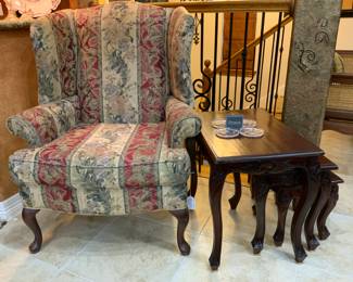 Queen Anne Wing Back Arm Chair in Floral Stripe Upholstery Fabric and Vintage Solid Mahogany Queen Anne Style of 3 Nesting Side Tables Antique Reproduction Style
