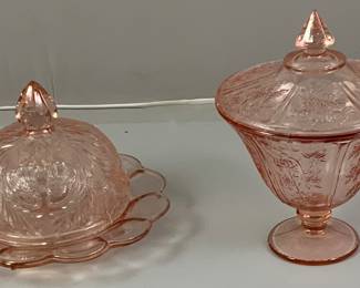 Vintage Pink Depression Glass 7" Thistle Pattern Butter Dish w/Dome Lid & Vintage Pink Depression Glass Sharon" or "Cabbage Rose" by Federal Glass Co. Covered Candy Dish (1935 -1939)