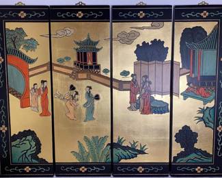 Lot #97 - ND - Four Chinese hand carved and painted wall hanging panels with brass hook loops on each panel https://denveronlineauctions.com/auction-details?id=1383905