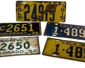 Lot #62 - 5 Antique and Vintage License plates from 1915 - 1950 One plate comes with its own Bullet Hole! https://denveronlineauctions.com/auction-details?id=1329937