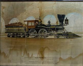 Lot #77 - TB - The Famous War Engine 'General' of the Western & Atlantic R.R. chromolithograph with water damage Framed 19X15in https://denveronlineauctions.com/auction-details?id=1329952