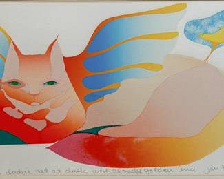 Lot #28 Marcella Anderson (Marcel) (1946-2015) "Electric Cat at Dusk with Cloudy Golden Bird" 1979 - Hand signed in pencil https://denveronlineauctions.com/auction-details?id=1329903