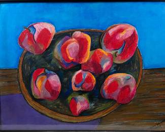 Lot #48 Julia Bry Schwab (ca 1950) "Apples for Vree" 1990 Oil Pastel hand signed in paint Framed in metal Local Boulder, CO https://denveronlineauctions.com/auction-details?id=1329923