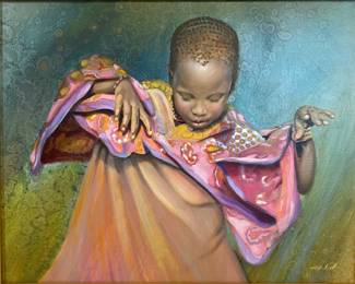 Lot #17 Nancy Noel (1945 - 2020) "African Girl Dancing" 1991 - Signed in Print Giclee on archival canvas with ornate gilt frame https://denveronlineauctions.com/auction-details?id=1329892
