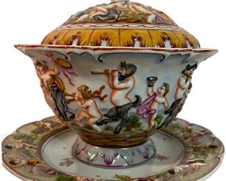 Lot #72 - TB - Antique Bohne Söhne -"The Worship of Bacchus" PORCELAIN URN, tea cup and 2 saucers / circa 1854-1910 https://denveronlineauctions.com/auction-details?id=1329947
