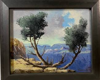 Lot #85 - AT - Washburne Forster (1884-1970) "Untitled Canyon Scene" 1954 Original Oil on Canvas/board Rustic black wood frame https://denveronlineauctions.com/auction-details?id=1329960