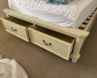 Living spaces queen bed frame with clean mattress and box spring