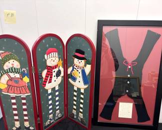 Three Panel Snowman Screen, Vintage Framed Baby Wear