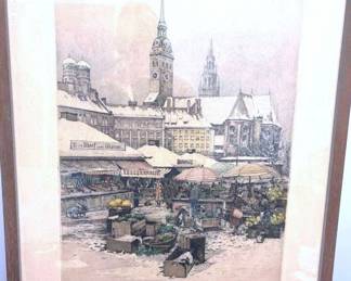 Antique European Market Lithograph Signed