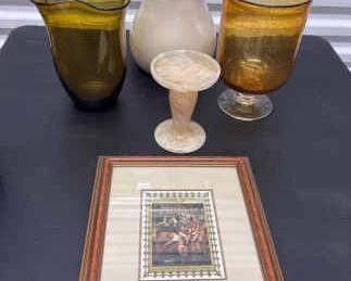 Amber Color Decor Blown Glass, Marble Pedistal