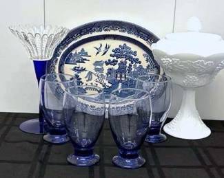 Vintage Blue White Milk GlassMidCentury Candle Holder