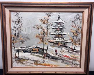 MidCentury 1950s Asian Snow Scape WPagoda