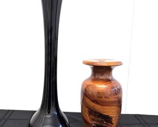 MidCentury Black Vase wCarved Wood Vessel