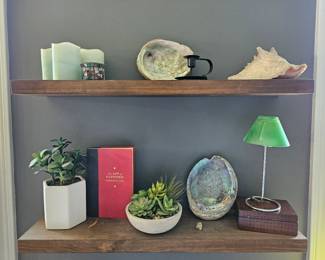 Floating shelves with misc. decor: books, plants, lamps, candles etc.