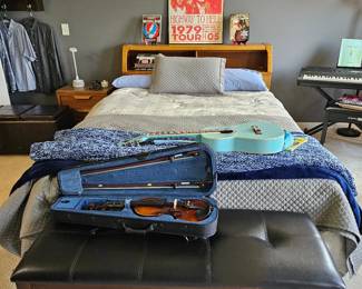 Queen Headboard with shelves & leather topped bench 