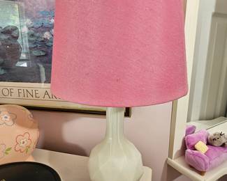Lamp with Pink Shade and White Geometric Base 