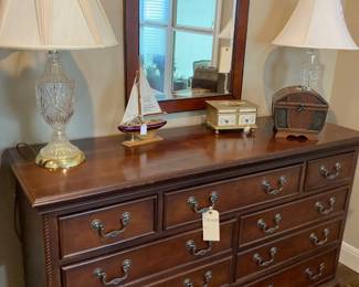 Bedroom dresser matches pair of side tables (night stands). Mirror sold separately