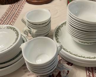 Vintage dinner ware w/ plates, cups & saucers, salad bowls, and dessert plates