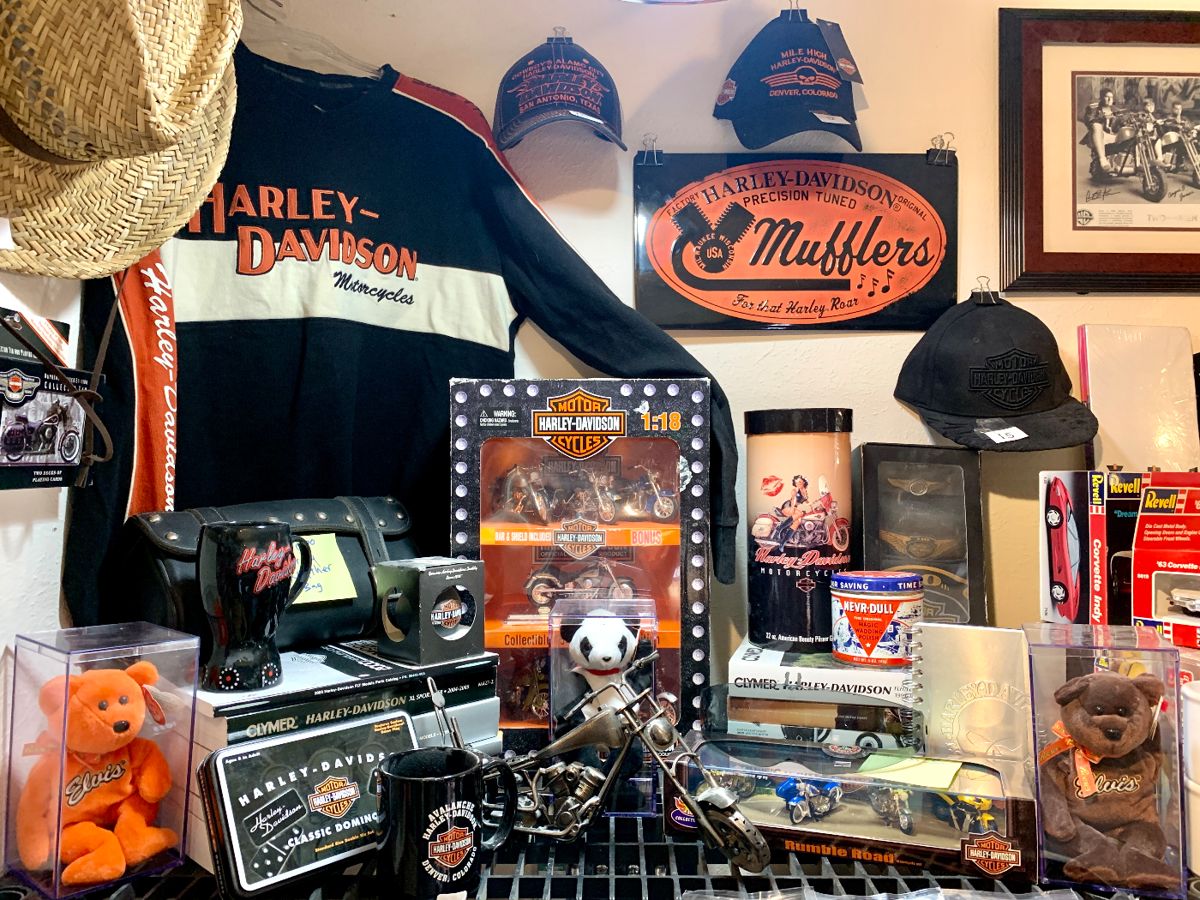 Vintage Harley sweatshirt NIB Harley diecast motorcycles. Harley leather motorcycle bag