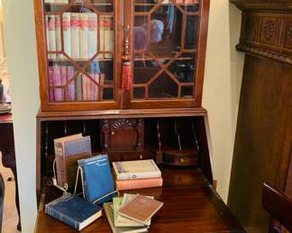 Serpentine Secretary desk and chair with glassed in bookcase--Chippendale style