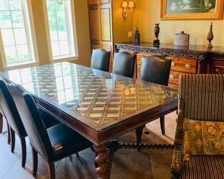 Gold burnished carved dining table , Barley Twist legs, and 8 dining chairs